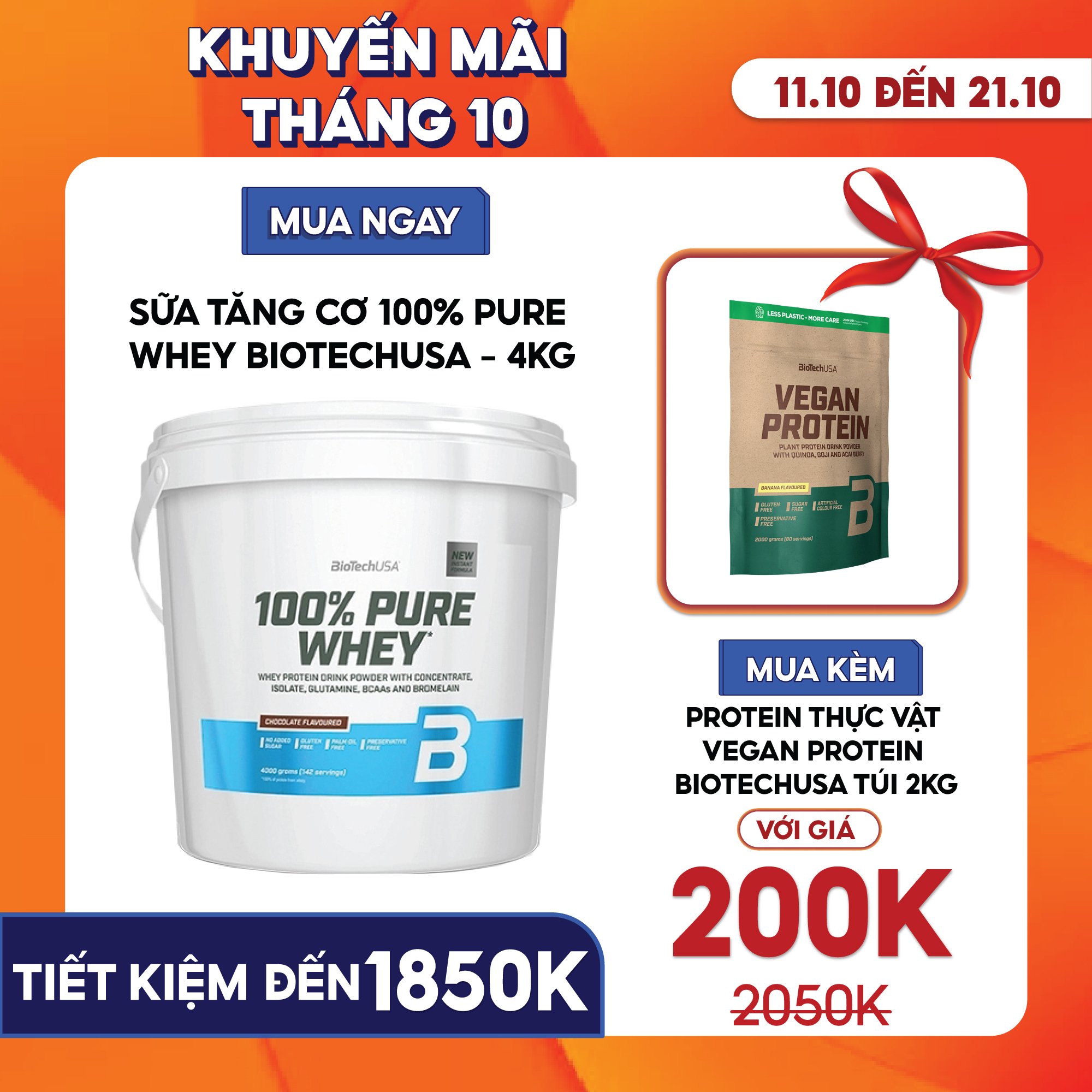Sữa Tăng Cơ 100% Pure Whey BiotechUSA Thùng 4Kg - Nhiều Vị Thơm Ngon (T6/2025)