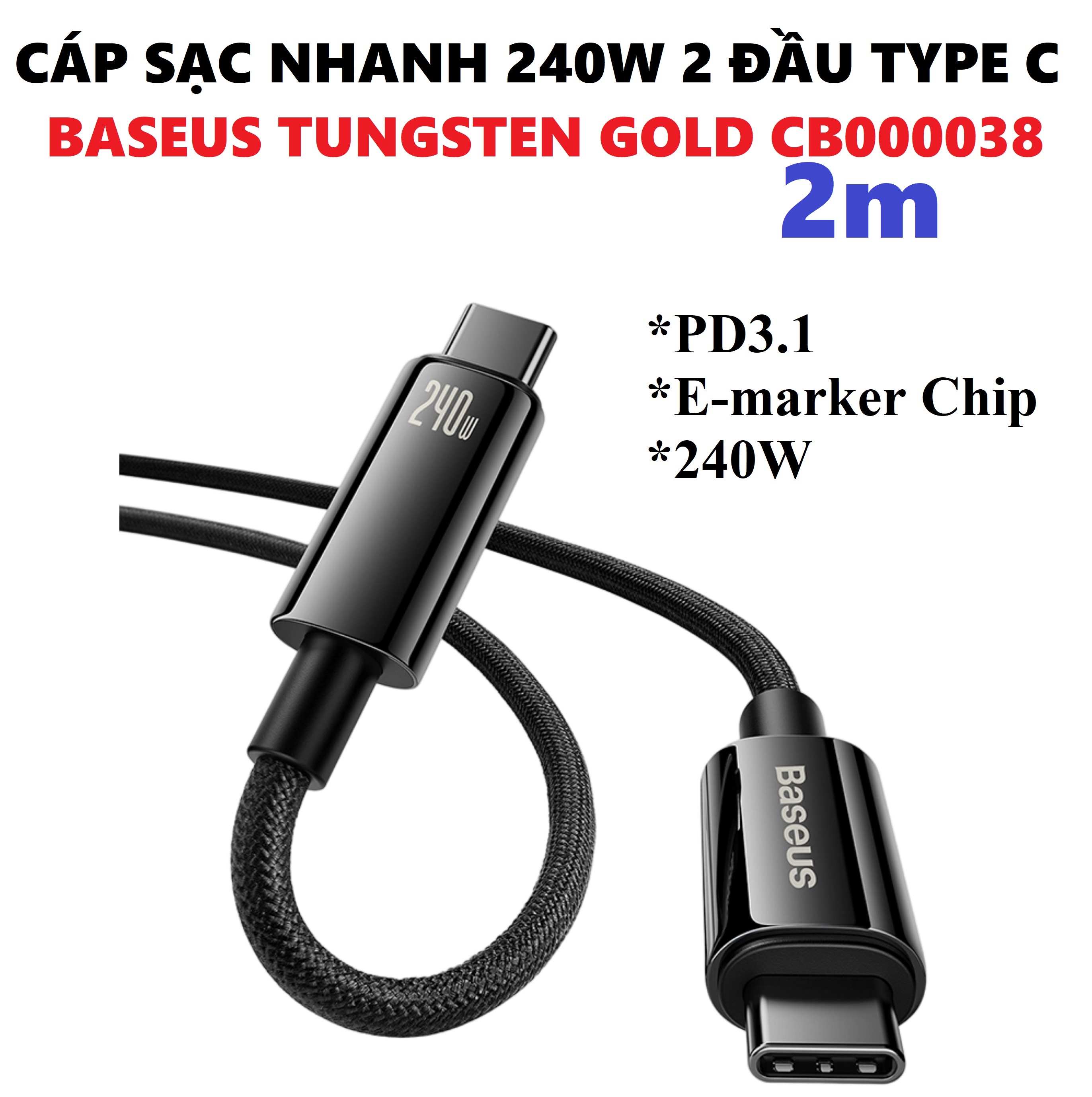 Cáp sạc nhanh 240W 2 đầu type C PD3.1 e-marker chip Baseus Tungsten Gold CB000038 _ Hàng chính hãng