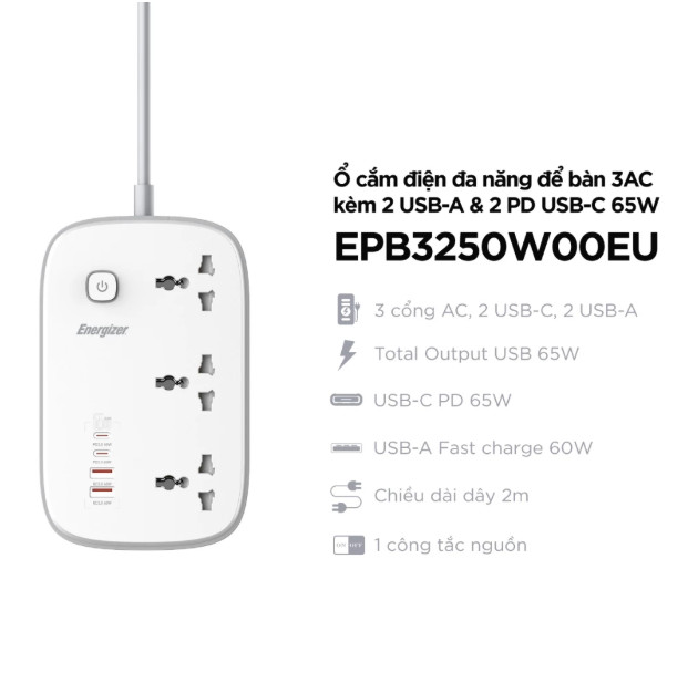 [ Hàng Chính Hãng ] Ổ điện đa năng Energizer 3AC  kèm cổng USB tích hợp Wifi sạc PD 65W chịu tải 3250W