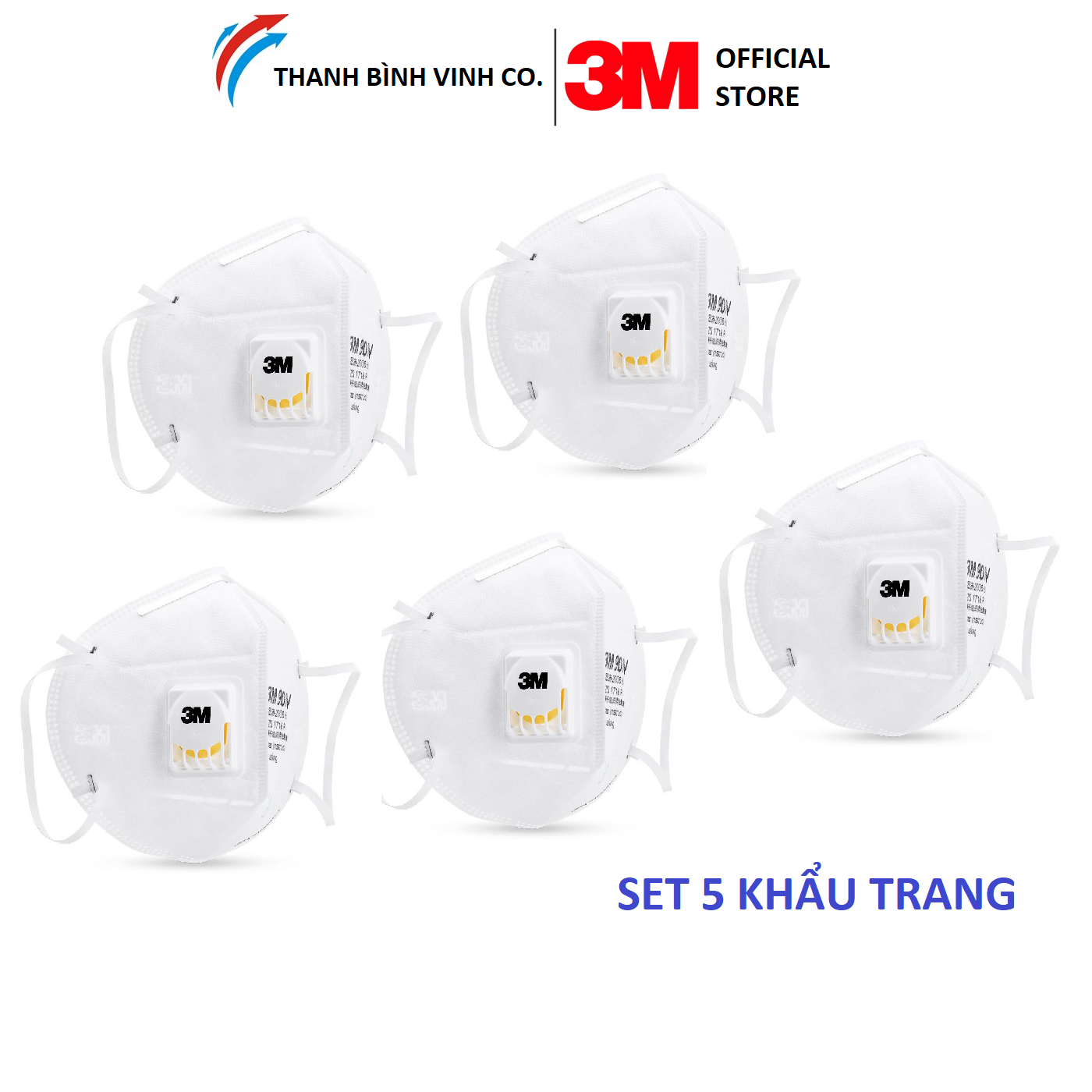 Combo 5 khẩu trang chống bụi 3M 9001V có van lọc mùi hôi, lọc độc, kháng khuẩn, chống bụi siêu mịn