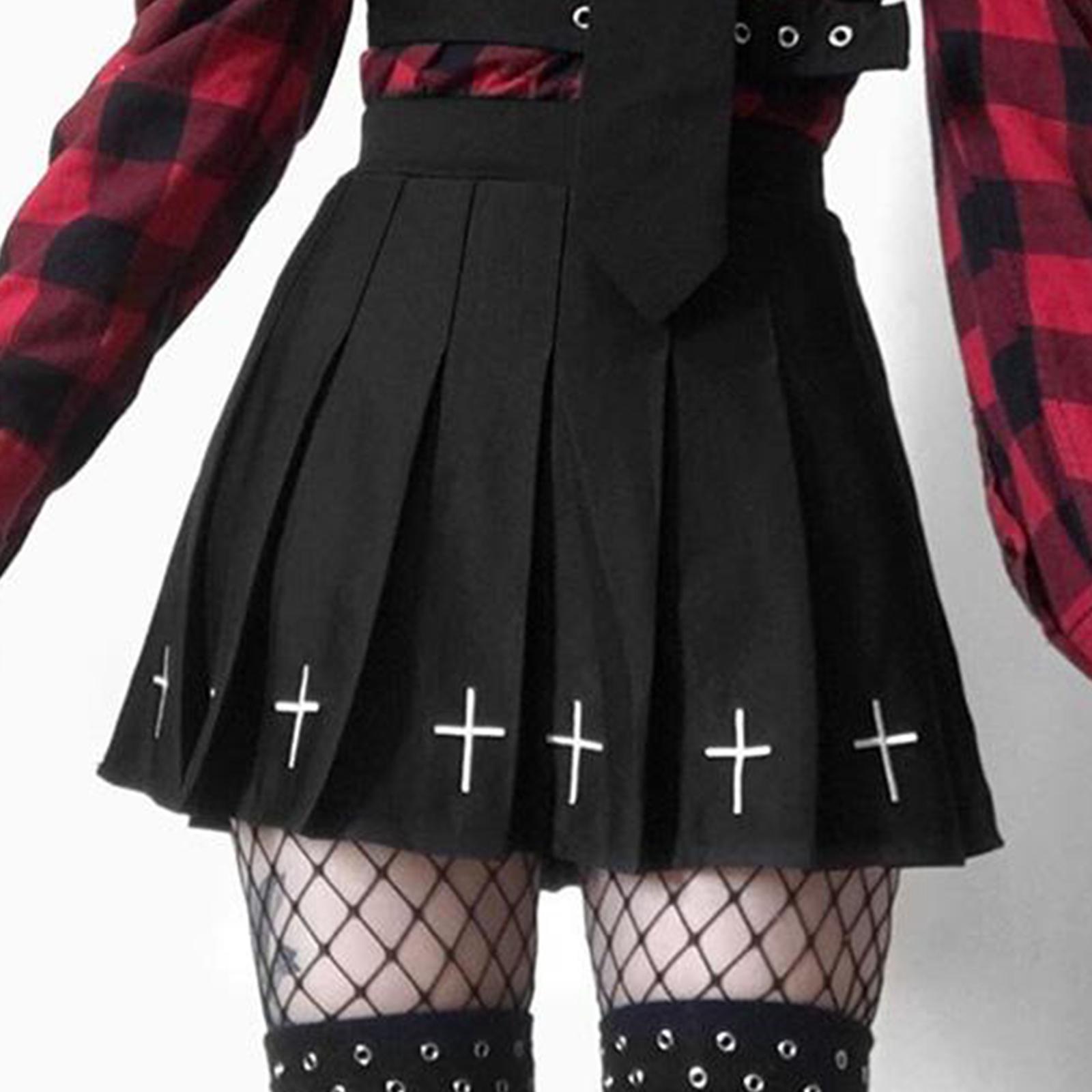 Girls Punk Cross Embroidery Skirts Pleated Women High Waist Mini Skirts Cross Female Black Skirts Cosplay Costumes Skirts