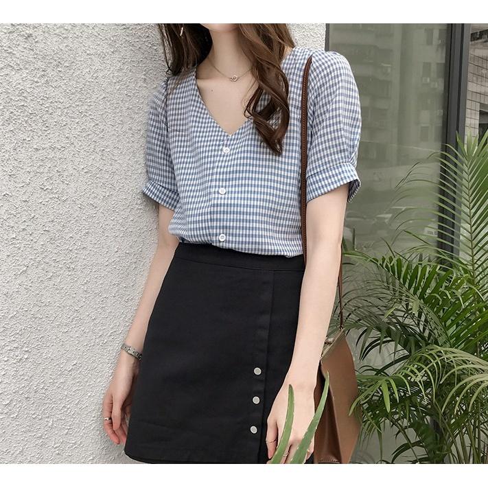 Áo sư mi nữ Đũi việt cổ V caro phong cách Hàn Quốc S190