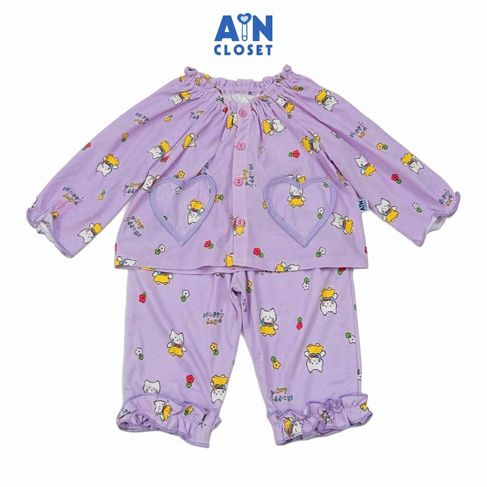 Bộ quần áo Dài bé gái họa tiết Mèo Tim Tím Thun cotton - AICDBGMEO9BM - AIN Closet