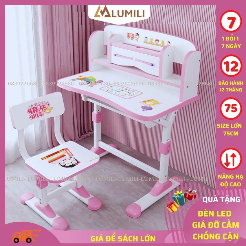 Bàn ghế học sinh Lumili D2 có giá sách chống gù chống cận, bàn học thông minh kèm kệ sách phù hợp cho học sinh tiểu học
