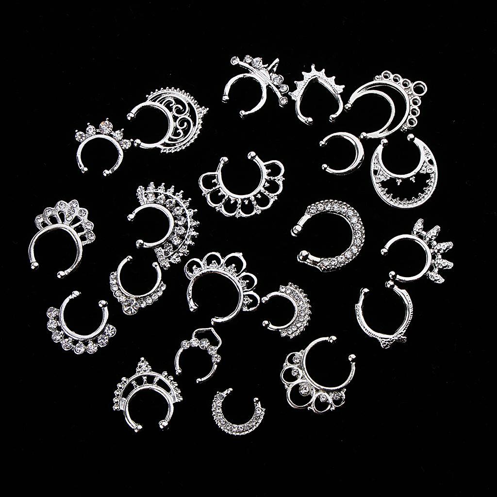 2x21 Pieces Crystal Fake Septum Clicker Nose Ring Non-piercing Silver