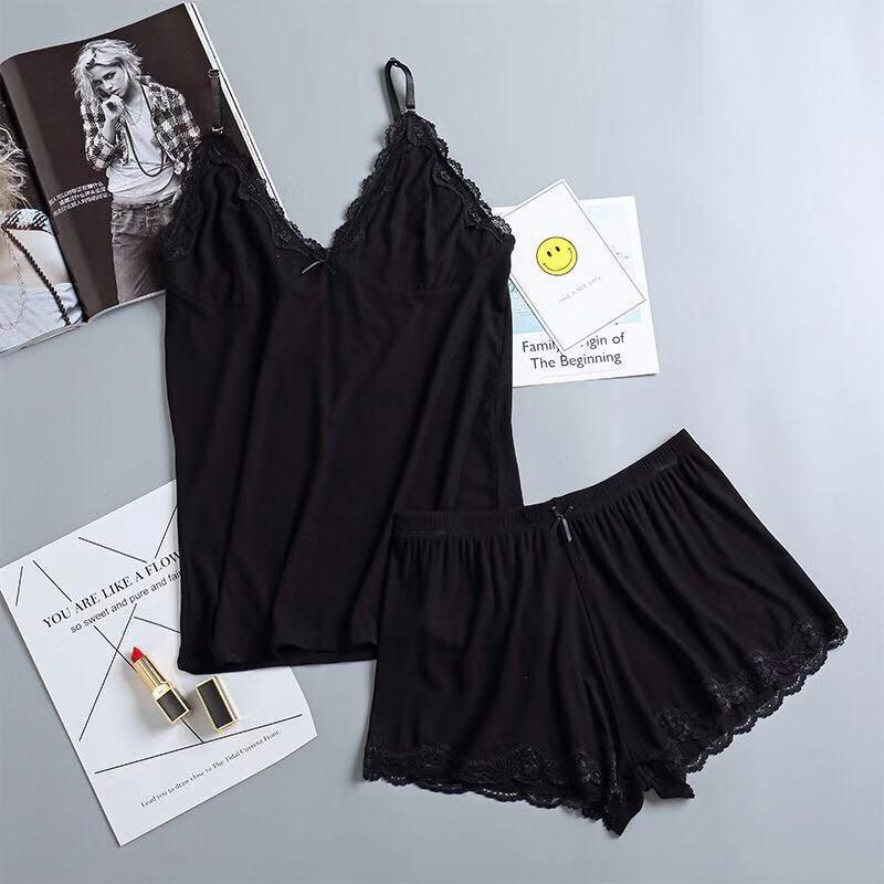 Đồ Bộ Ngủ 2 Dây Thun Gân Viền Ren Sexy Cho Phái Đẹp - Tặng 1 cột tóc quả bơ