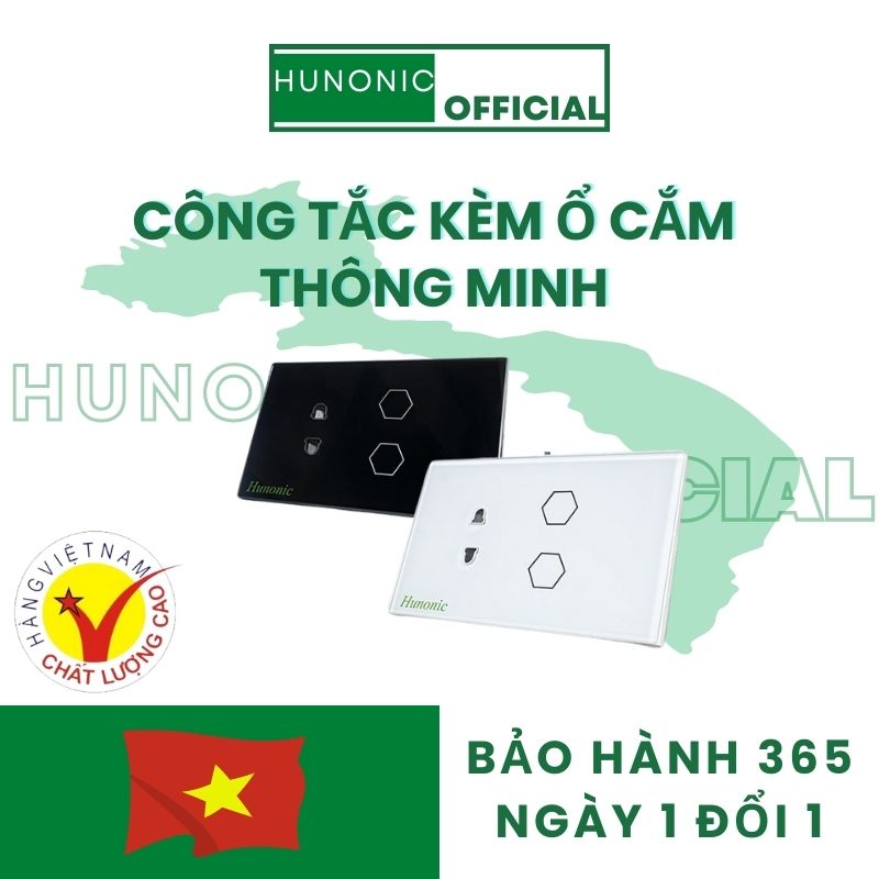 Công Tắc Thông Minh Kèm Ổ Cắm Hunonic Đen│Công Tắc Cảm Ứng Đế Âm Chữ Nhật