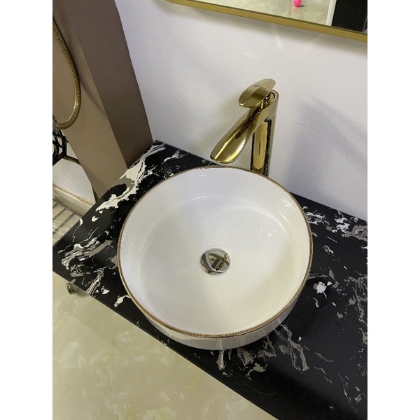 Lavabo đặt bàn sứ viền vàng ( bảo hành 10 năm)