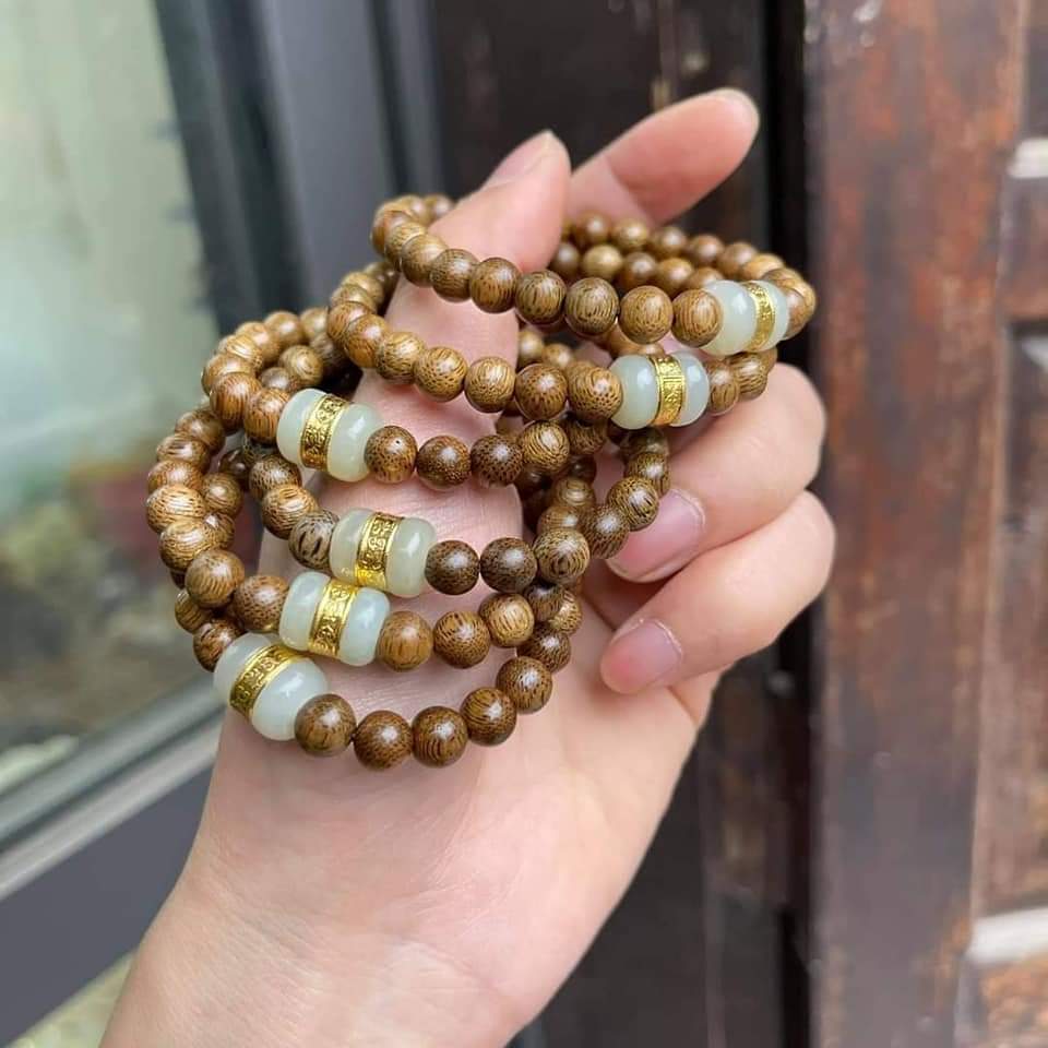 Vòng tay Trầm Tốc 8ly mix lu thống Bạch Ngọc