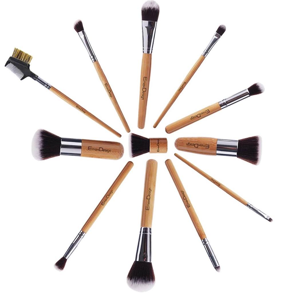 TÚI 12 CỌ TRANG ĐIỂM CHUYÊN NGHIỆP - SỢI KABUKI - CÁN TRE EmaxDesign 12 Pieces Makeup Brush Set Professional