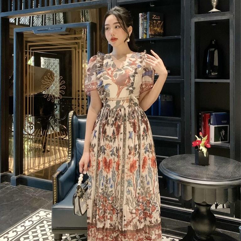 Đầm voan dập ly họa tiết vintage D00194