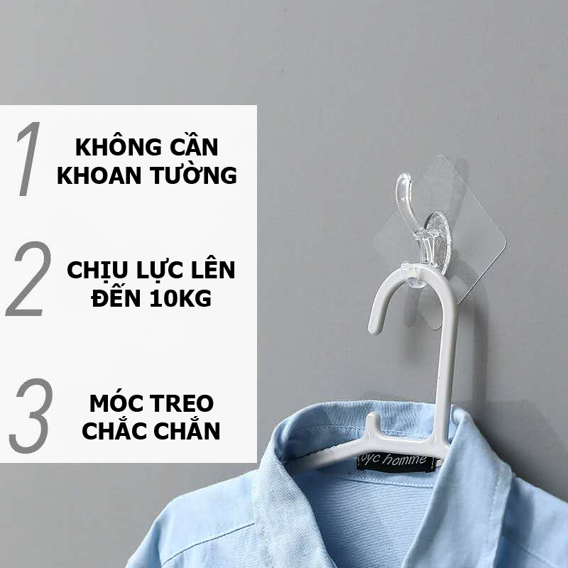 COMBO 10 Móc treo quần áo dán tường trong suốt chịu lực chống thấm nước MDT00004