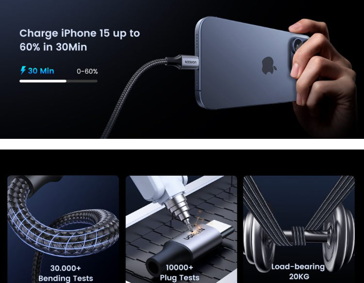 Cáp sạc và truyền dữ liệu 0.5M USB Type-C to USB Type C 60W từ máy tính ra điện thoại Ugreen 50149 - Hàng chính hãng