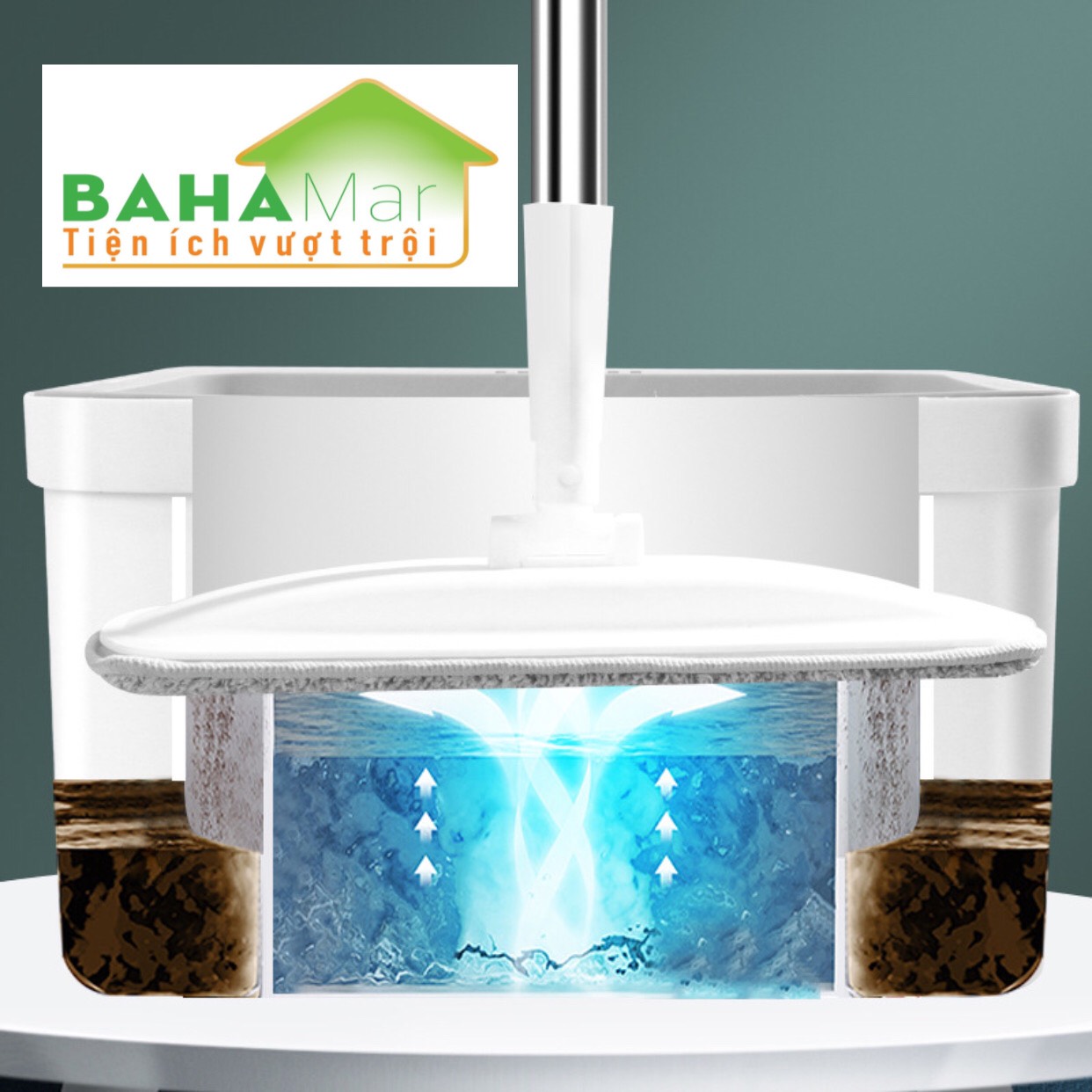 BỘ CÂY LAU NHÀ CHẬU VUÔNG PHẲNG, CÂY LAU HÌNH TRỤ ẤN XOAY TỰ ĐỘNG TÁCH NƯỚC BẨN "BAHAMAR" Nước sạch giặt giẻ lau và xoáy loại bỏ nước bẩn ra chậu ngoài một cách tách biệt luôn