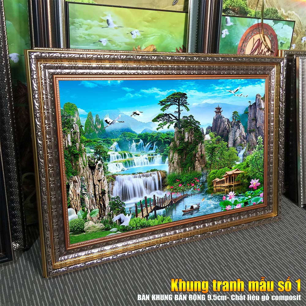 Tranh treo tường phòng khách, phòng ngủ SƠN THỦY HỮU TÌNH khung gỗ composit chất liệu pvc gương / lụa kim sa. MS:2239L9