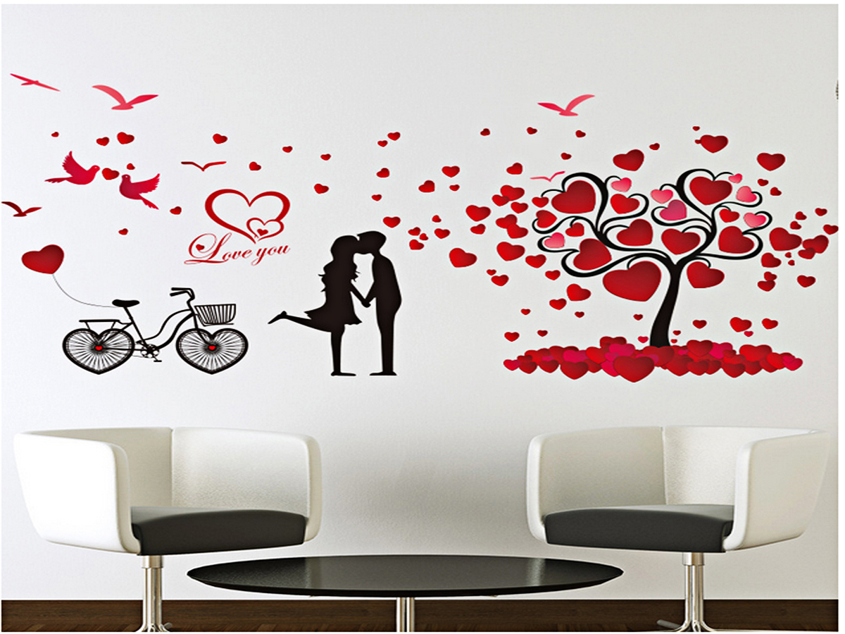 Decal dán tường đôi uyên ương và cây trái tim xl8151