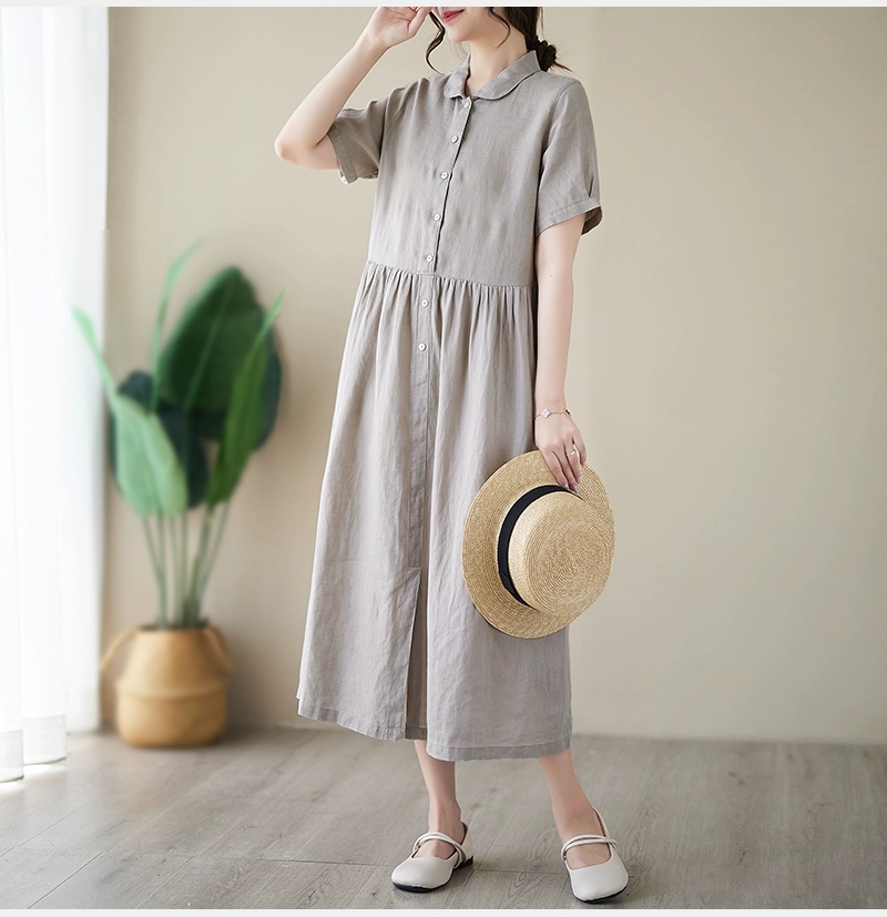 Đầm linen dáng dài, suông công sở cổ tròn linen tay cộc kèm dây eo, đầm đũi form rộng Haint Boutique Da169