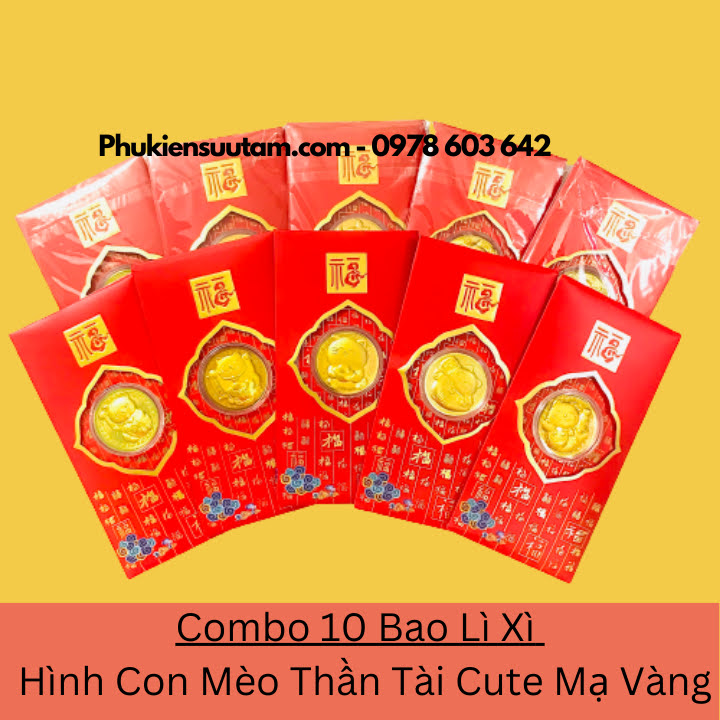 Combo 10 Bao Lì Xì Hình Con Mèo Thần Tài Cute Mạ Vàng, kích thước: 17cmx9cm, màu đỏ - SP005926