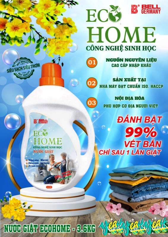 Nước Giặt Quần Áo 2 IN 1 Công Nghệ Sinh Học ECOHOME Kim Ngân Store 3.6KG Làm Sạch, Khử Mùi Hôi, Ngăn Ngừa Vi Khuẩn