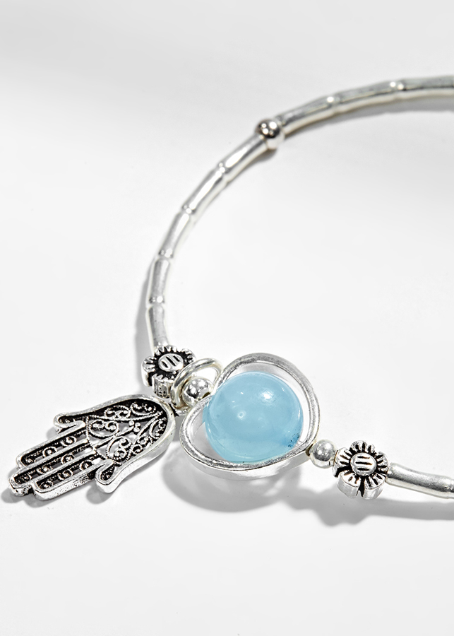 Vòng Tay Bạc 1 Hạt Đá Hải Lam Ngọc Phối Charm Bàn Tay Hamsa Bạc Ngọc Quý Gemstones