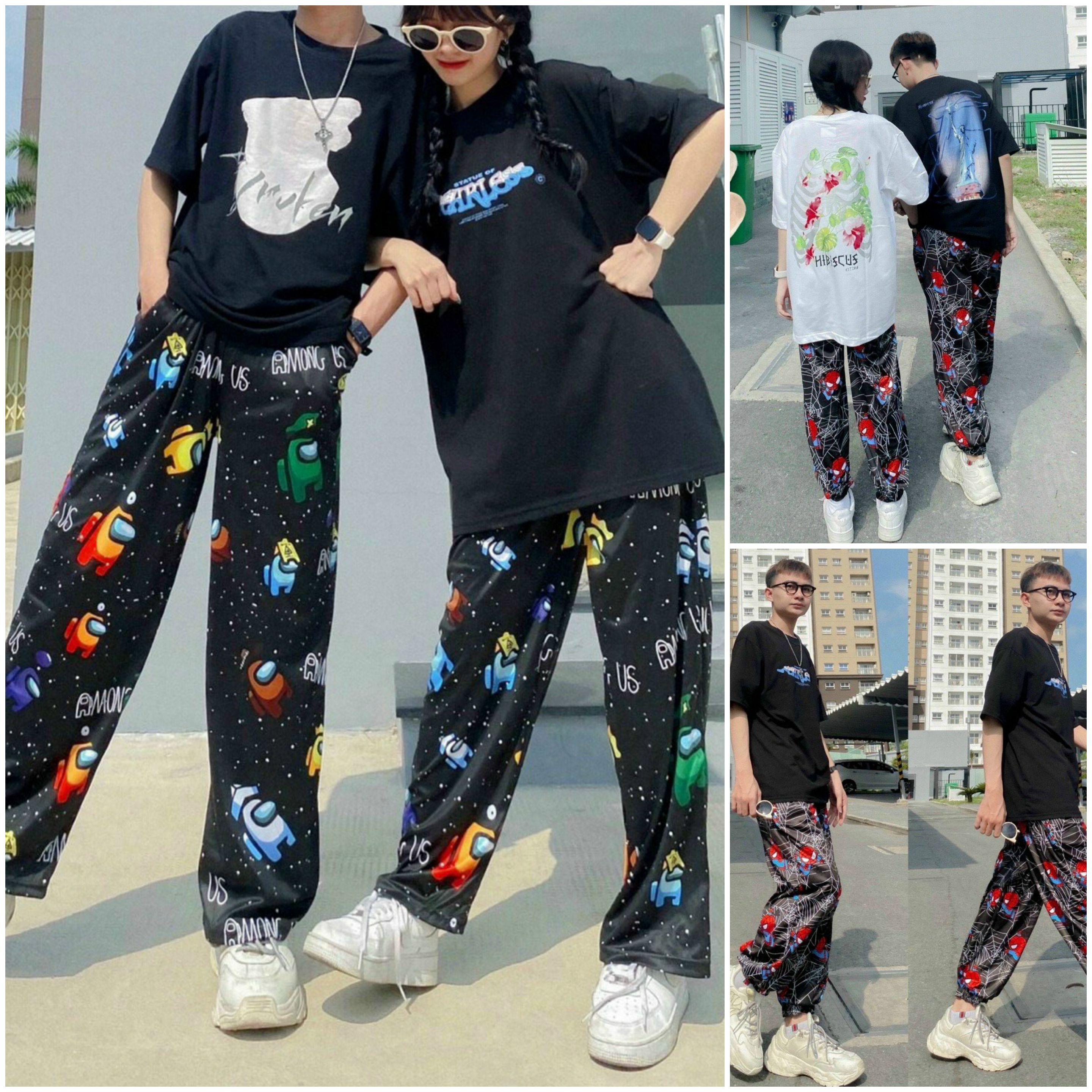 Quần loang in 3D hình con nhện, Quần jogger loang ống rộng nữ vải thun da cá in 3D hoạ tiết, quần suông bông tím, QUẦN CARTOON PANT UNISEX, Quần cullotes unisex hoạt hình phong cách cá tính ulzzang