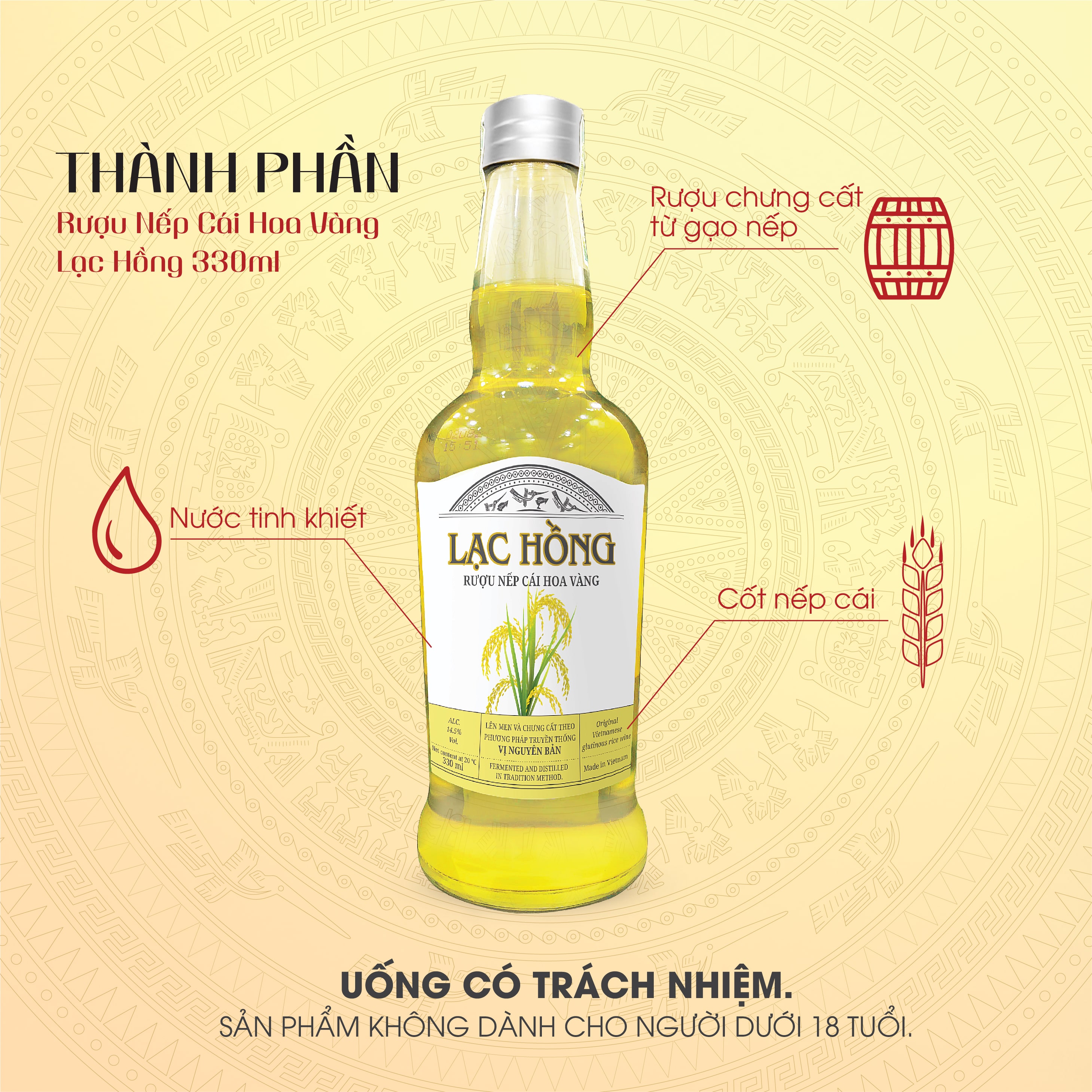 Rượu Nếp Cái Hoa Vàng Lạc Hồng vị nguyên bản chưng cất theo phương pháp truyền thống 330ml