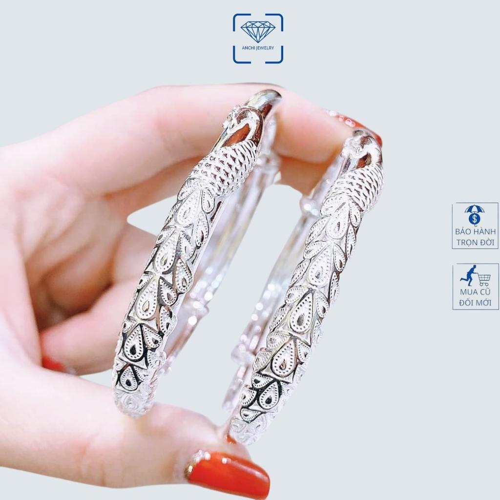 Lắc tay nữ, vòng cứng bạc nguyên chất đủ size hoạ tiết đuôi công xinh xắn, quà tặng valentine cho bạn gái