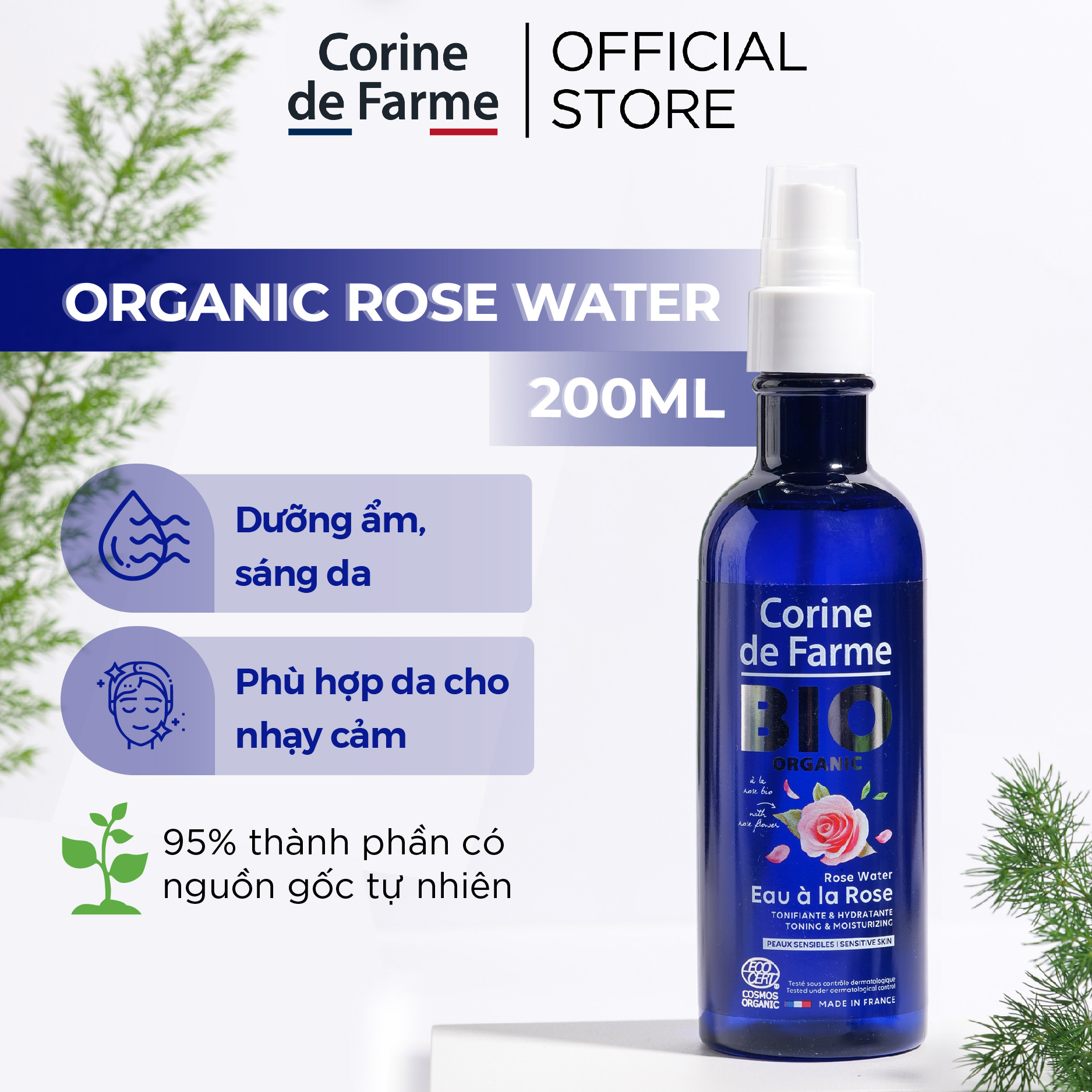 Nước Hoa Hồng Hữu Cơ Cho Da Nhạy Cảm Corine De Farme Bio Organic Rose Water 200ml