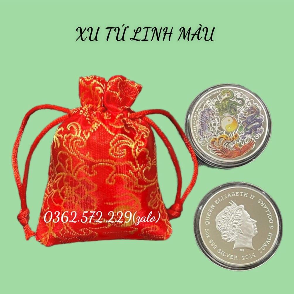 Đồng Xu Tứ Linh Mạ Bạc In Màu 3D Phong Thủy May Mắn Tặng Hộp Nhung , Móc Khóa, Túi Gấm Đỏ may mắn