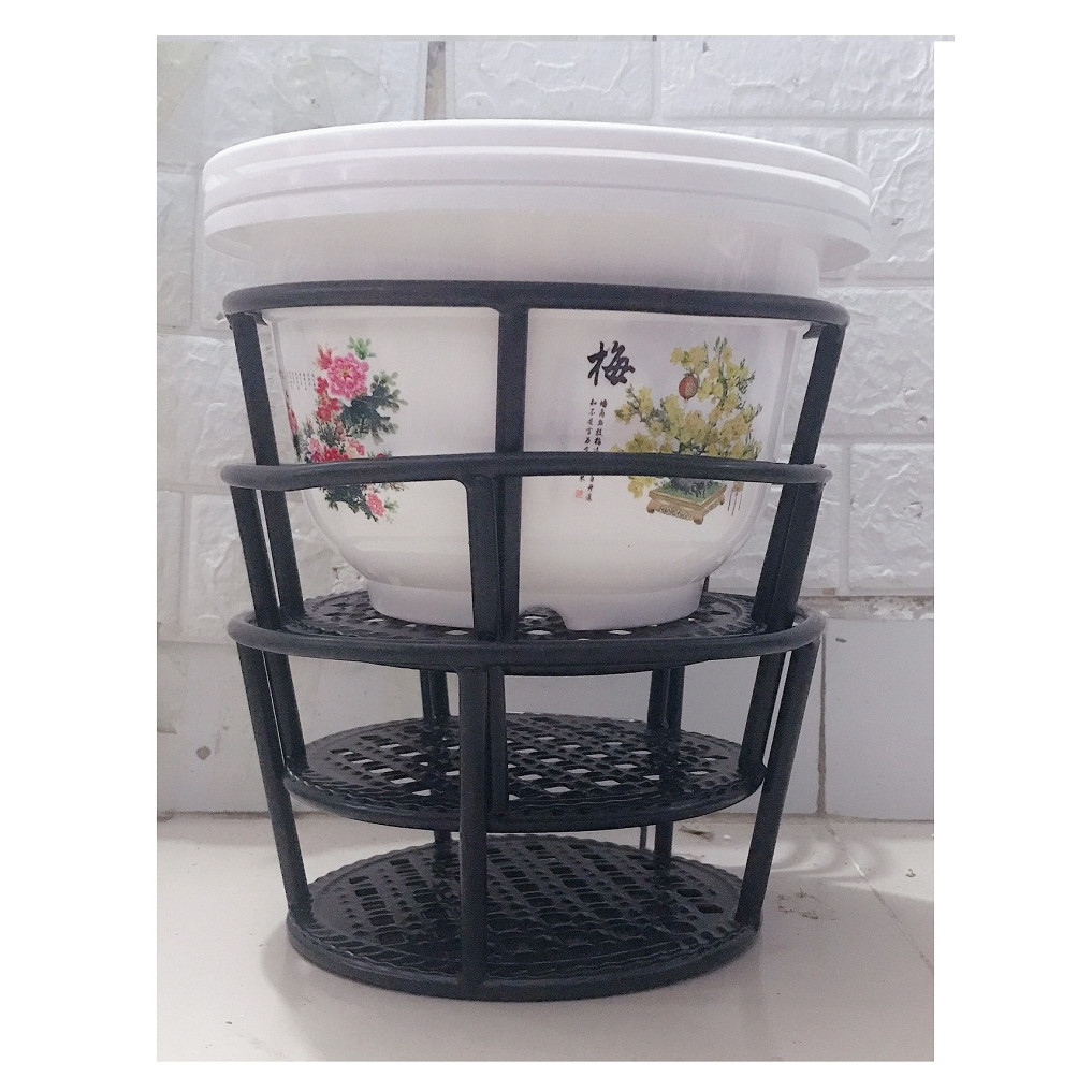 Combo 3 Giỏ Sắt Treo Chậu Hoa Ban Công Hình Tròn - Màu Đen + 3 Châu Nhựa BỐN MÙA Hình Tròn Màu Trắng Kích Thước A250x170
