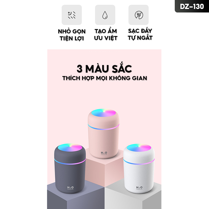 Máy Phun Sương Tạo Ẩm Xông Tinh Dầu Để Bàn Mini Có Đèn Led 7 Màu Dung Tích Chứa 300ml DZ-130