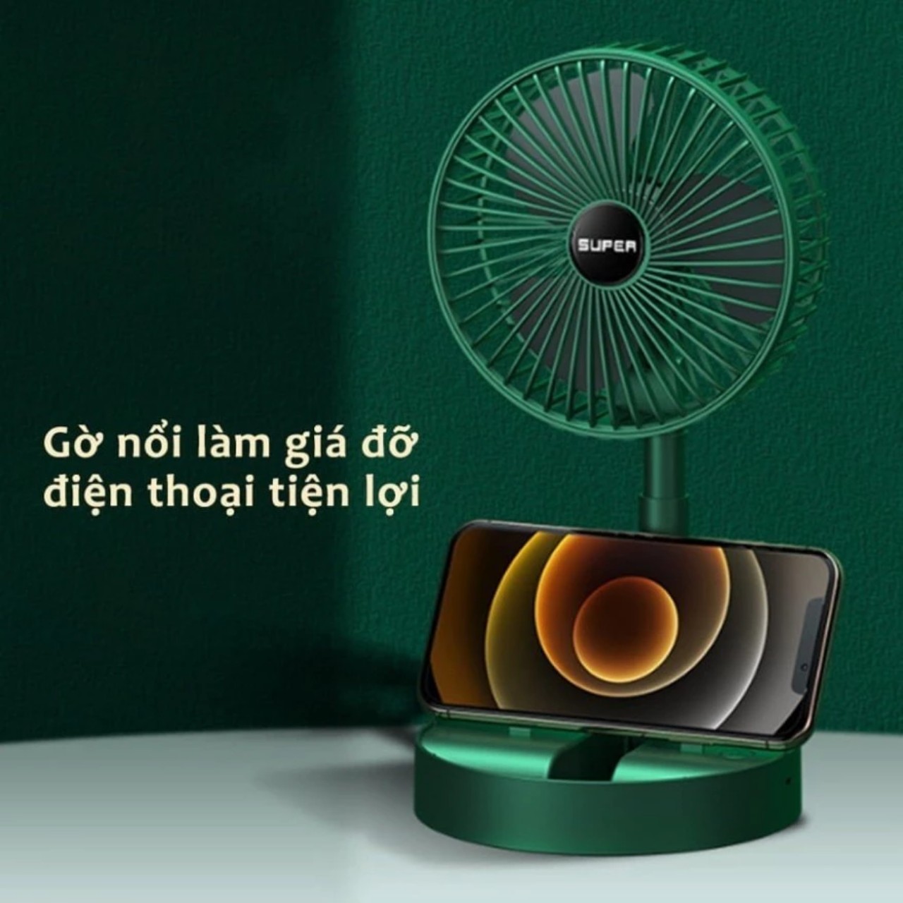Quạjt Tích Điện Để Bàn Mijni Gấp Gọn: 3 Tốc Độ, Xoay 360 Độ, Pin Dung Lượng Lớn, ĐÈN TRANG TRÍ