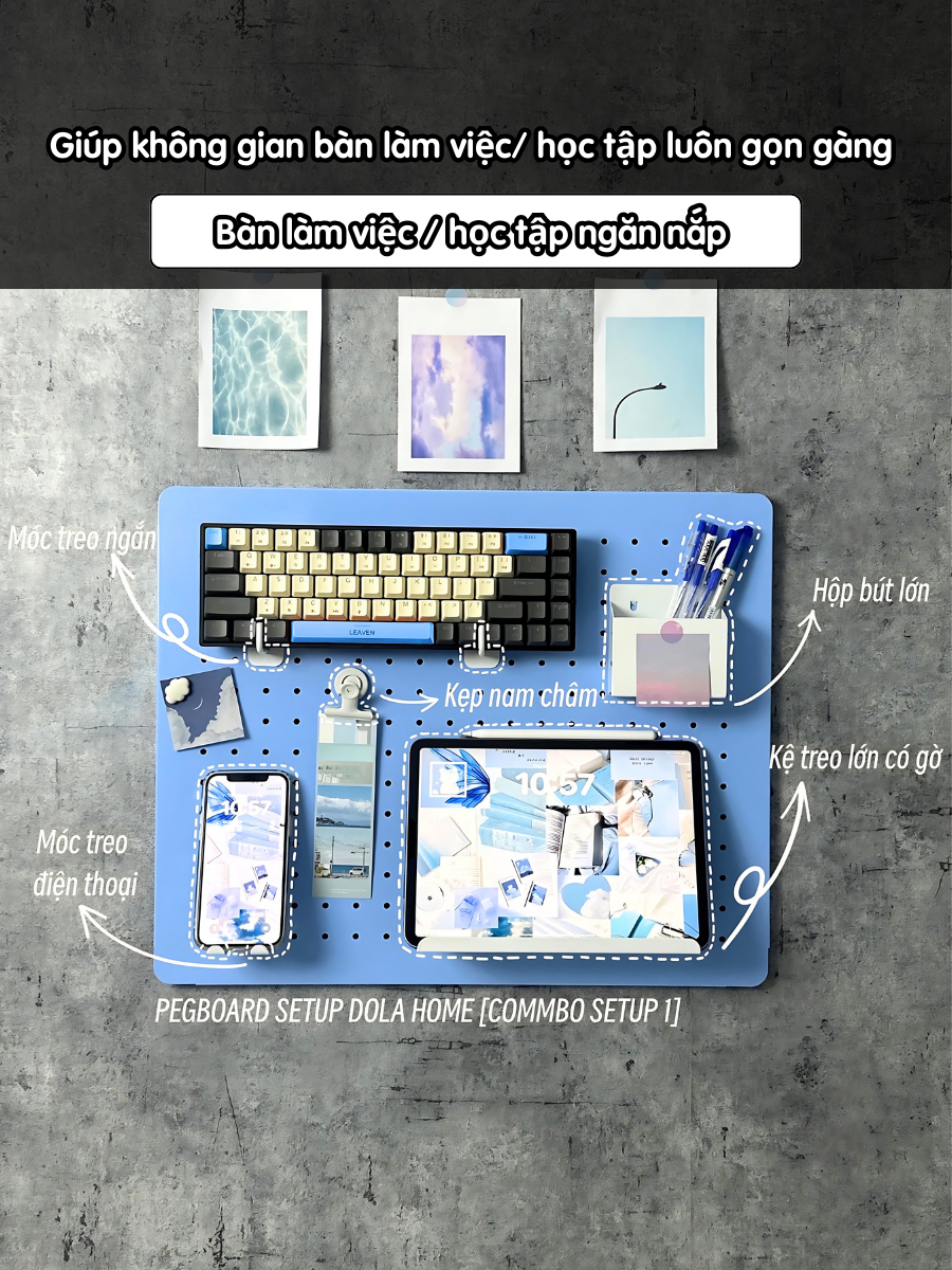 Pegboard Dola Home Setup Full KIM LOẠI không khoan tường để bàn phím, tai nghe, đồ dùng làm việc