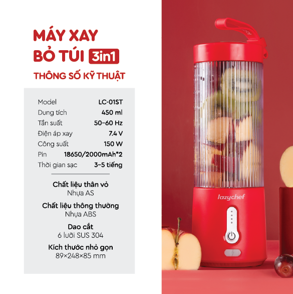 Máy Xay Bỏ Túi 3IN1 Lazychef - Máy Xay Camping, Máy Xay Ngoài Trời, Máy Xay Cầm Tay Tích Điện, Máy Xay Sinh Tố Đa Năng Lazychef - Hàng Chính Hãng