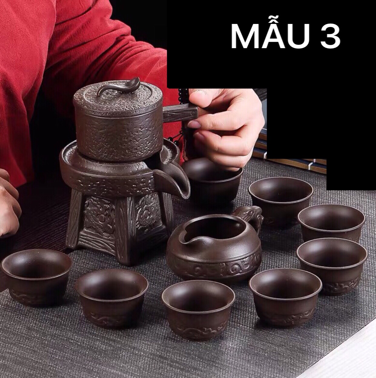 Bộ ấm chén pha trà đẹp Cối xay gốm tử sa cao cấp, màu nâu đất 10 chi tiết