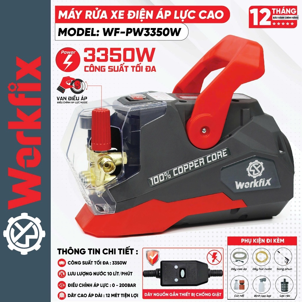 Máy rửa xe công suất lớn WOKFIX WF-PW3350W, Công suất 3350w 200bar, Có chỉnh áp, Động cơ dây đồng