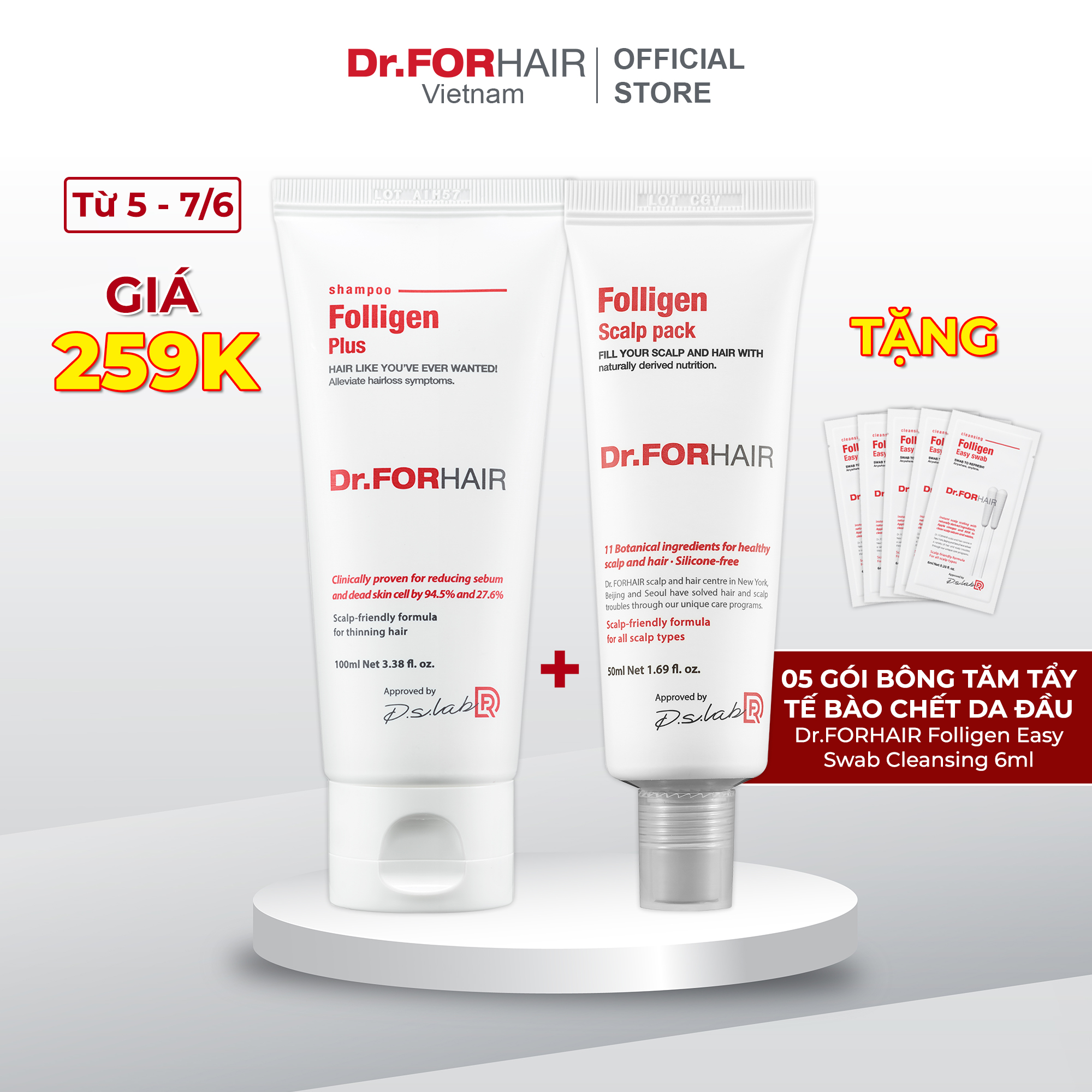 Bộ gội xả mini giảm rụng tóc chăm sóc tóc chắc khỏe Dr.FORHAIR Folligen Plus 100ml và Scalp Pack 50ml