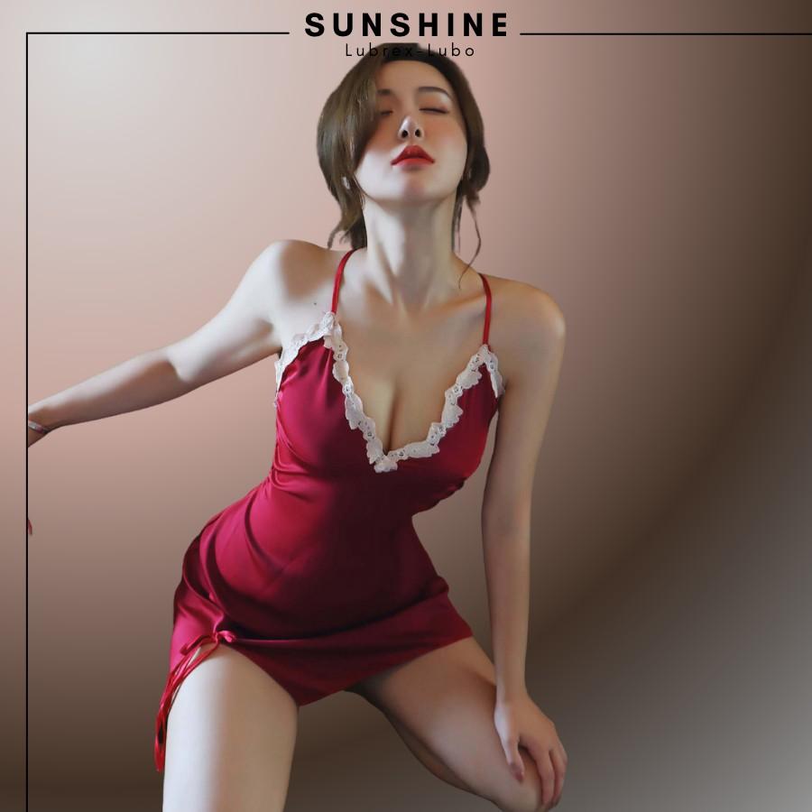 Váy ngủ lụa cao cấp phối ren sexy Đầm ngủ lụa 2 dây sexy màu đỏ dành cho nữ Sunshine Lubrexlubo VL1045