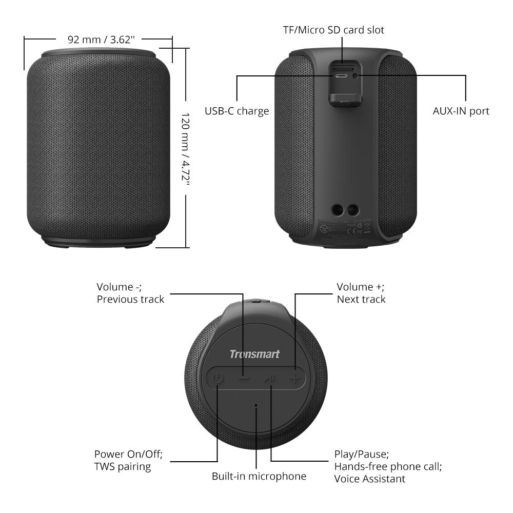 Loa Bluetooth Tronsmart Element T6 Mini Loa Bluetooth 5.0 ngoài trời chống thấm nước IPX6 15W - Hàng Chính Hãng