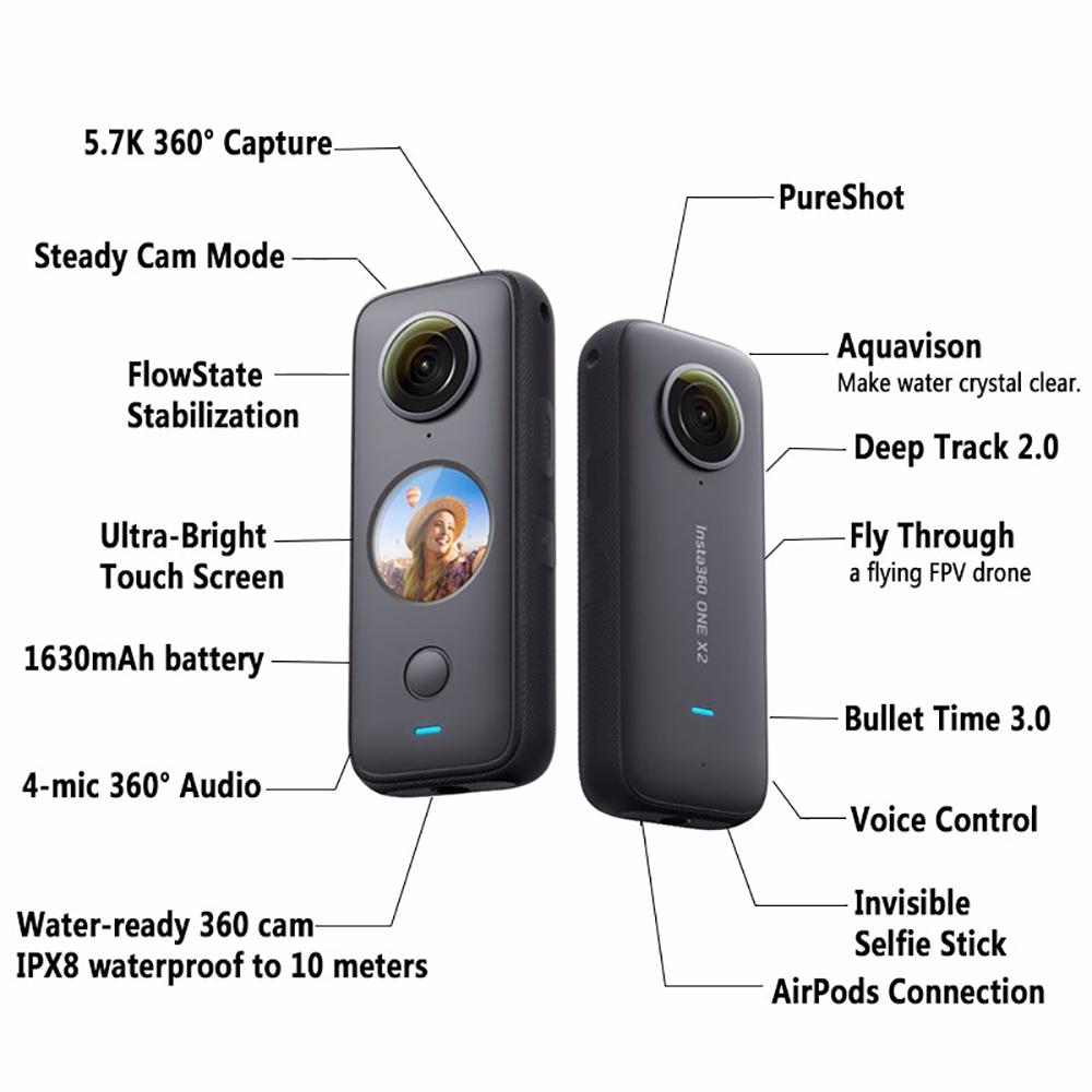 Insta360 One X2 Sport Panoramic Action Camera 5.7K Video 10M Ổn định dòng chảy không thấm nước 1630mAh Camera hành động pin
