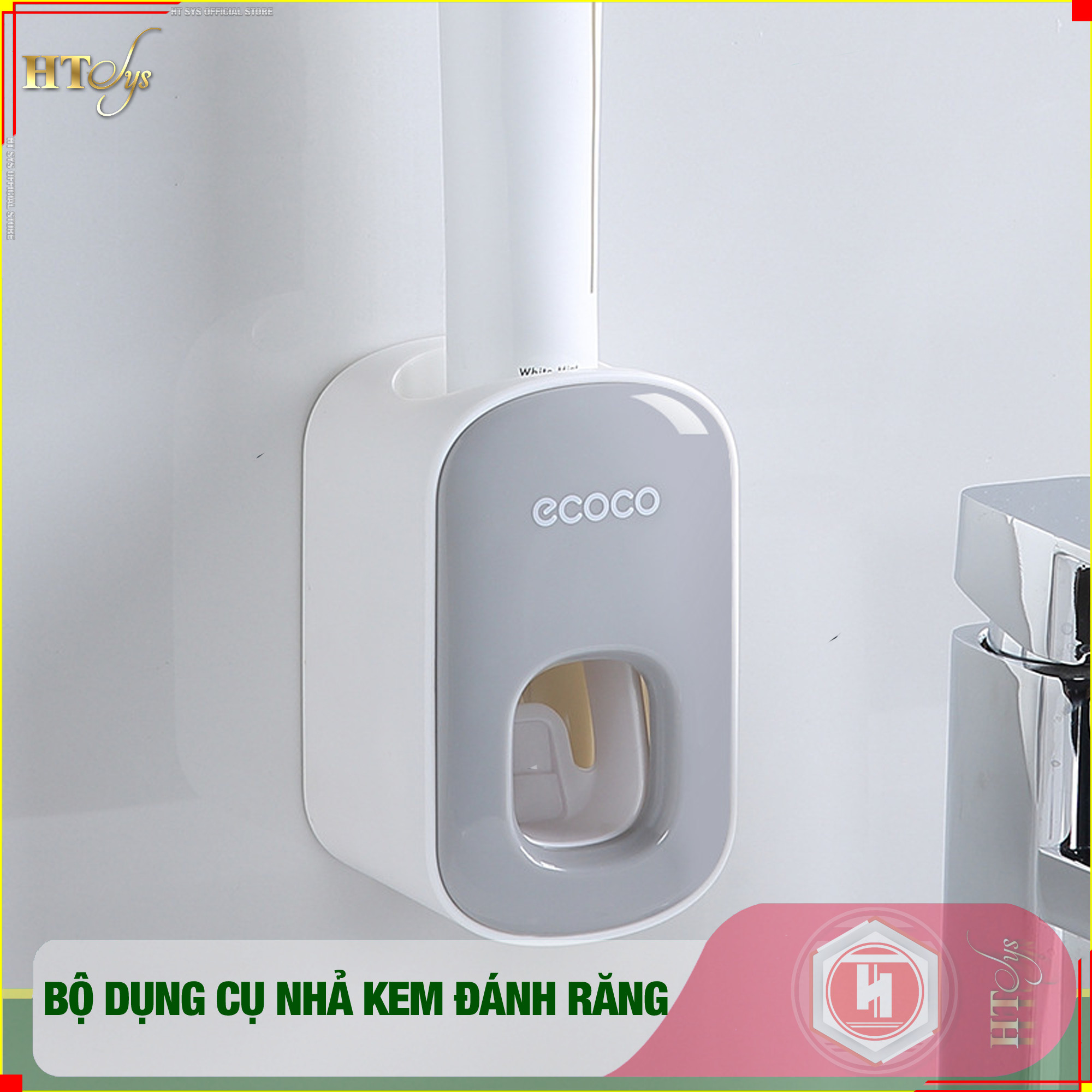 Bộ dụng cụ nhả kem đánh răng tự động 2/3/4 cốc và giá treo bàn chải đa năng HT SYS-ECOCO-Chất liệu ABS cao cấp + 01 sét móc vàng tài lộc - Hàng Nhập Khẩu