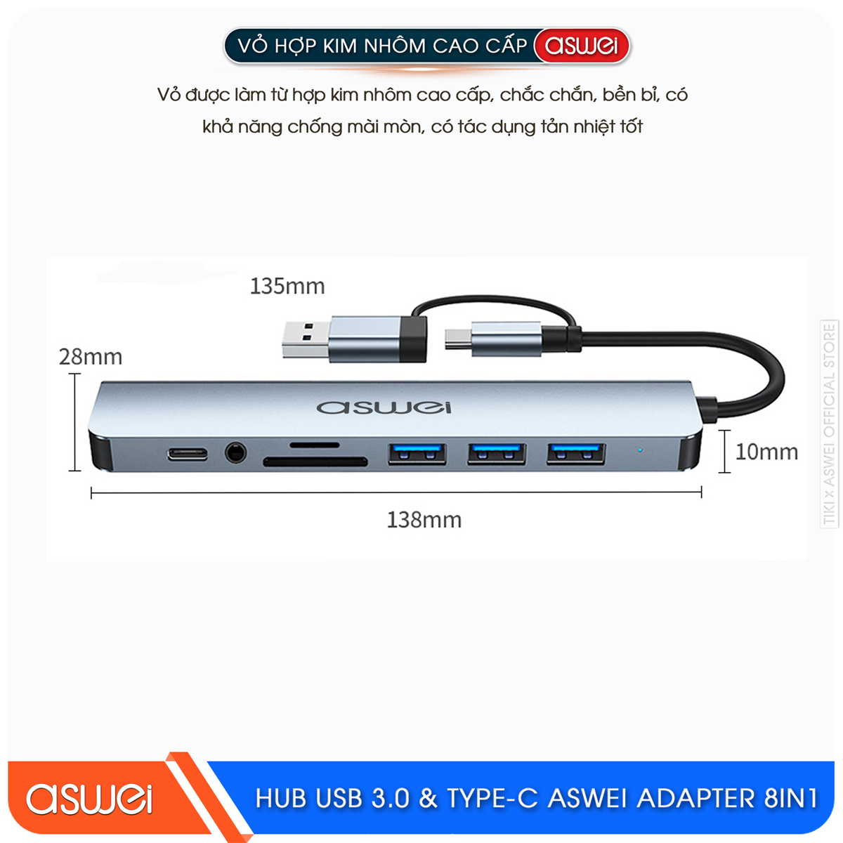 Hub USB 3.0 Và Hub Type C ASWEI 8 in 1 To USB 3.0, SD, TF, USB C, Audio 3.5 - Hàng Chính Hãng