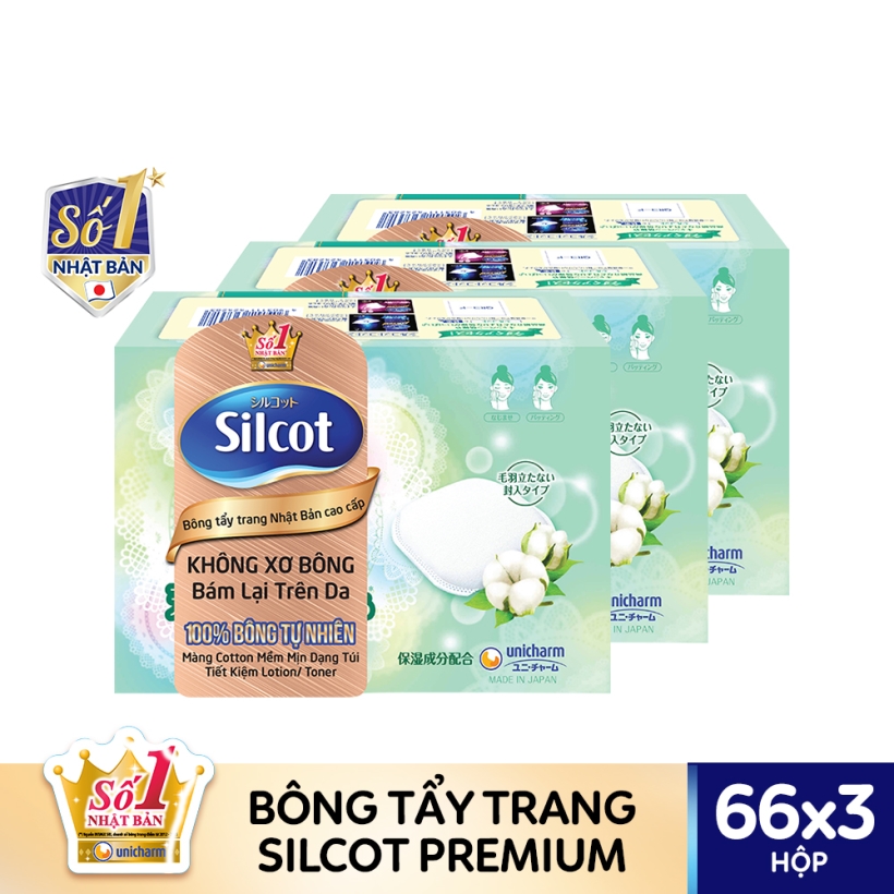 Bộ 3 Hộp Silcot Bông Trang Điểm (bông tẩy trang) Nhật Bản Cao Cấp (66 Miếng/Hộp)