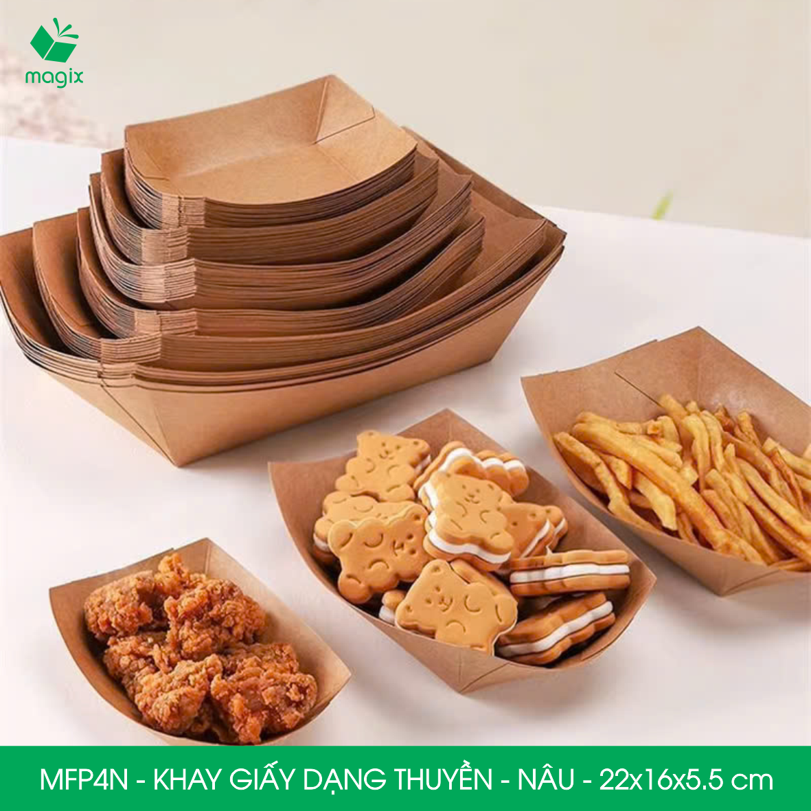 MFP4N - 22x16x5.5 cm - 25 khay giấy dáng thuyền đựng thức ăn, khay giấy đựng món tráng miệng