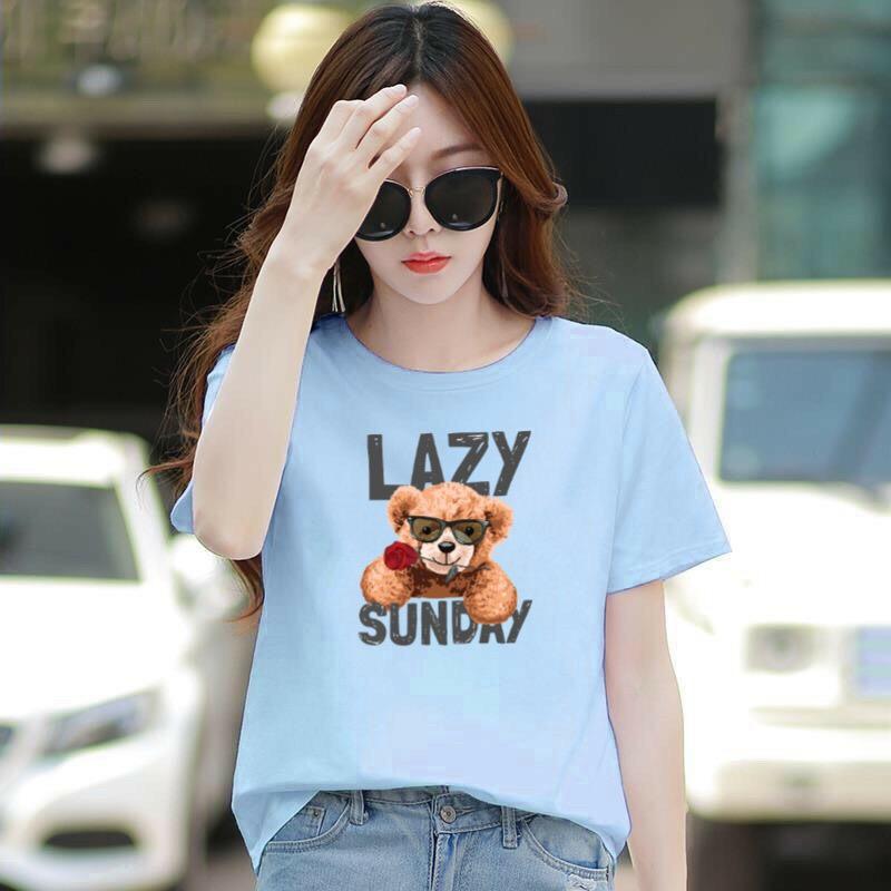 Áo thun nữ cổ tròn form rộng in hình gấu dễ thương thun cotton 4 chiều từ 45-60kg