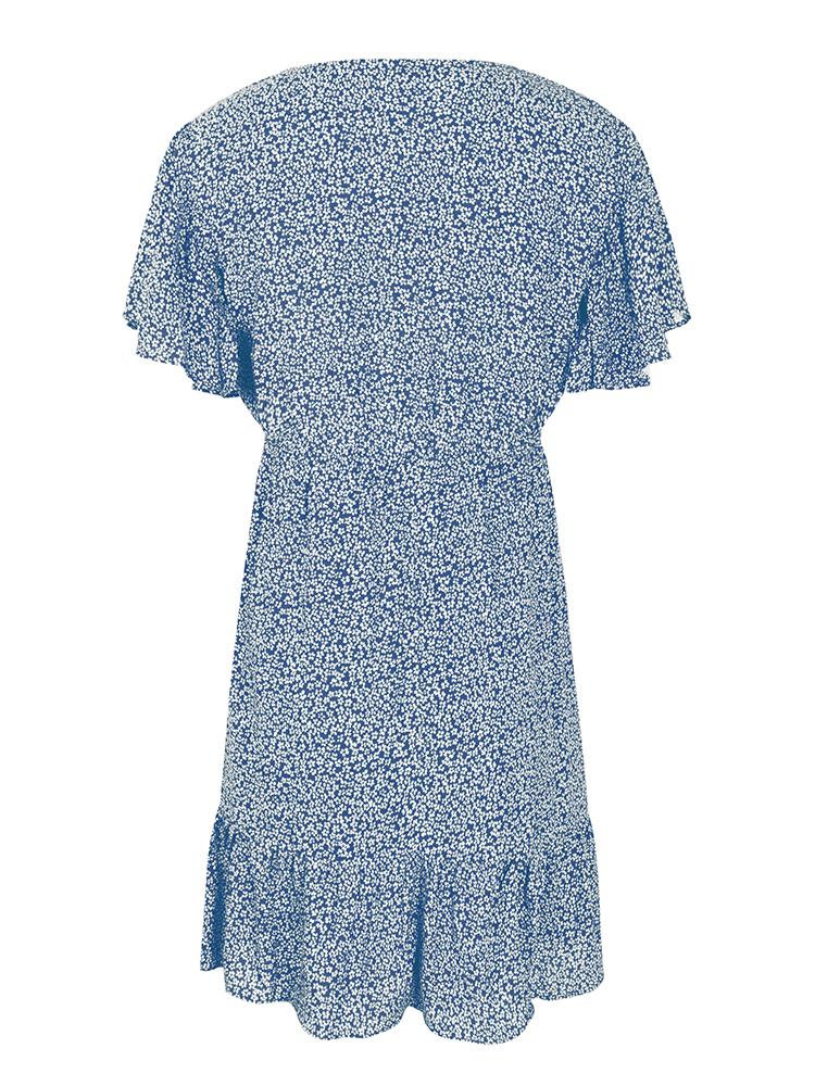 Women Summer Floral Print Dress Ruffles Short Sleeves V Neck Drawstring Tied Waist Boho Holiday Beach Party Casual Mini