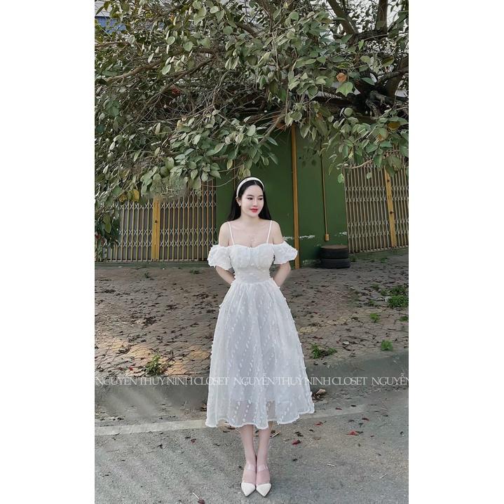 Váy đầm nữ midi dáng xòe trễ vai hai dây tay bồng cúp ngực xinh xắn