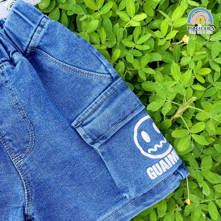 Quần short đùi jeans form rộng Magickids cho bé trai size đại 34kg túi in mặt cười Quần áo trẻ em đi học đi chơi QĐ22014