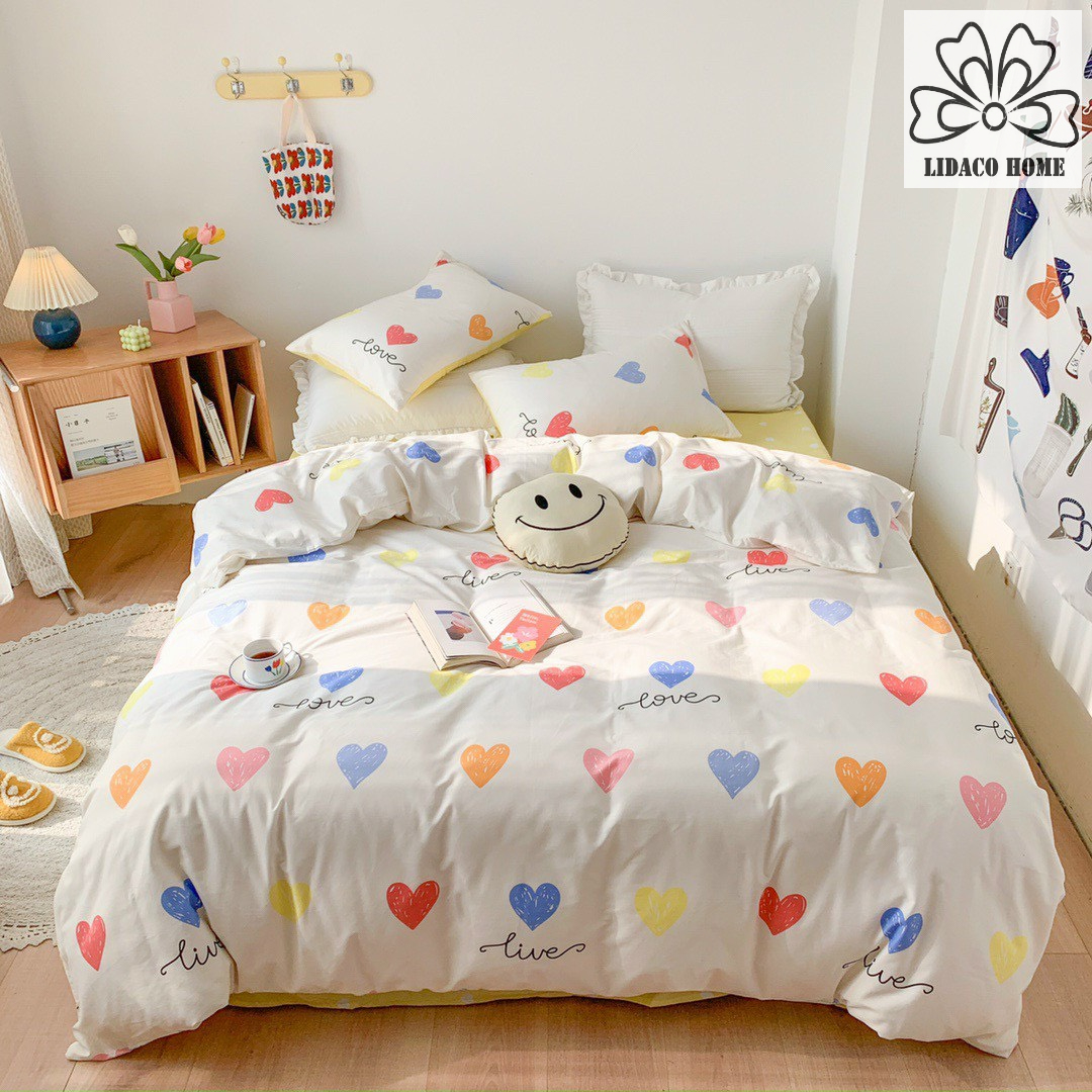 Bộ chăn ga gối cotton LIDACO PL1 - Tim nhiều màu SP001449