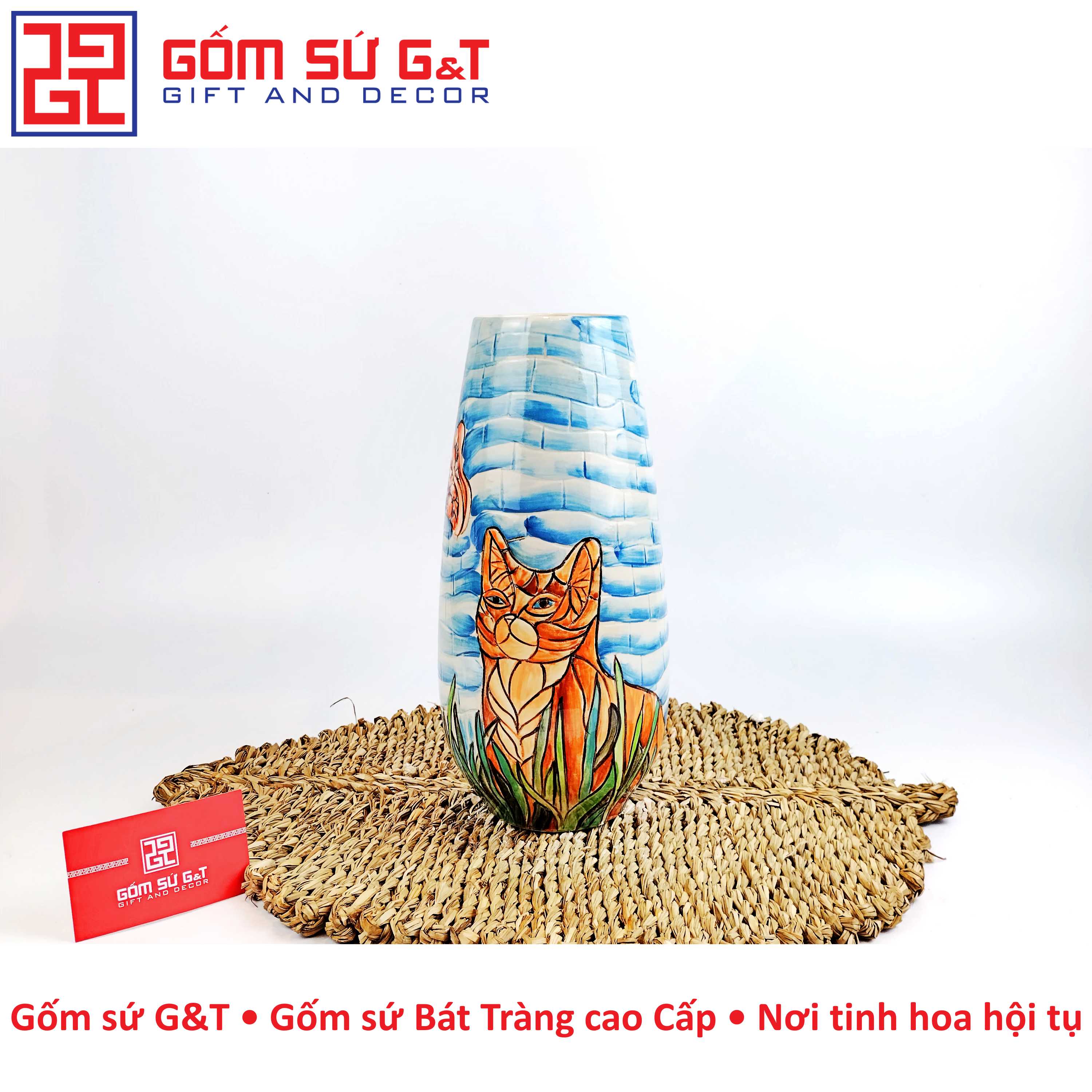 Lọ hoa dáng bom khắc mèo Gốm Sứ G&T